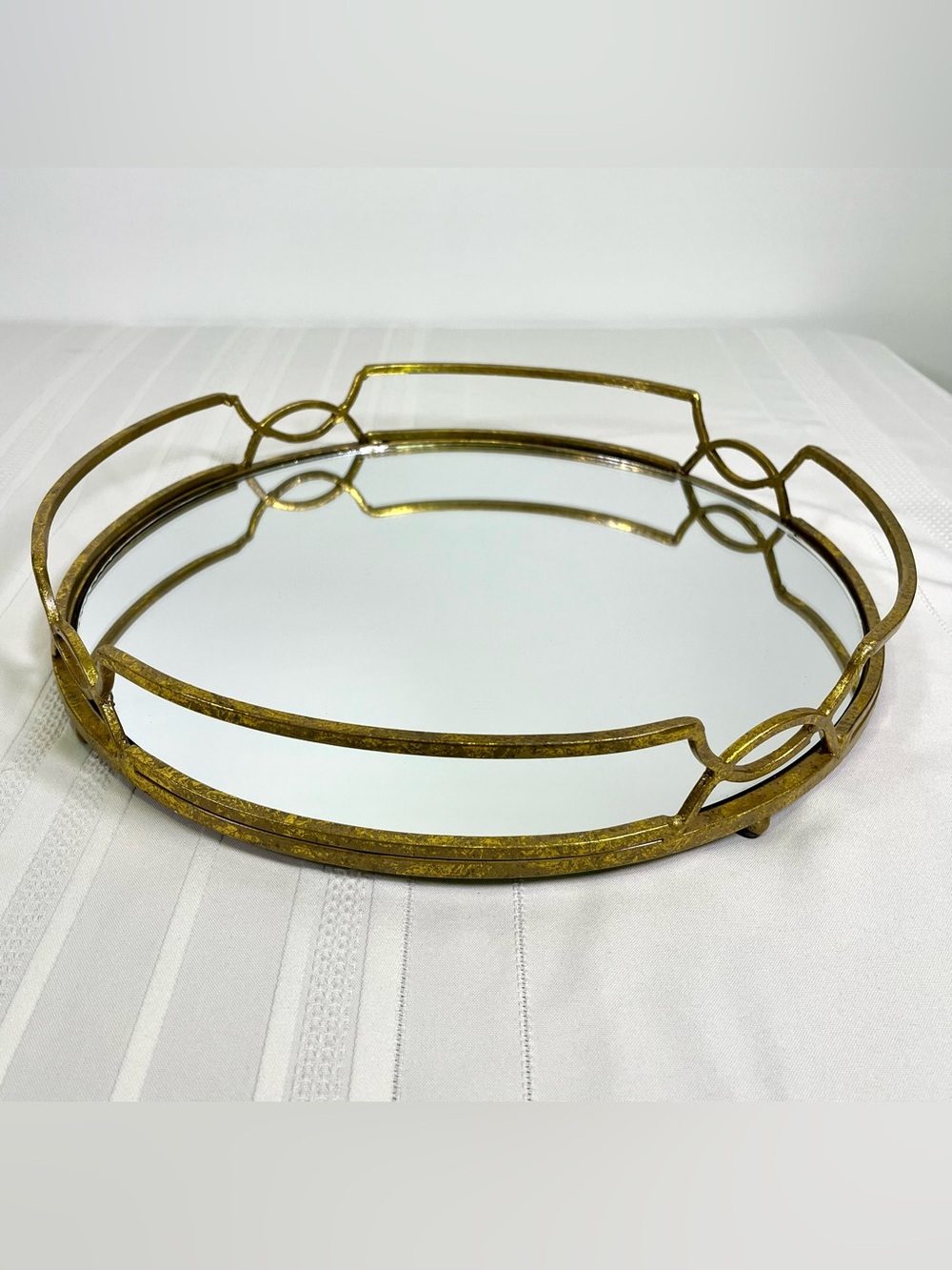 Vintage Hollywood Regency Gold Gilt Mirrored Vanity Tray Round Glam Art Deco 15”